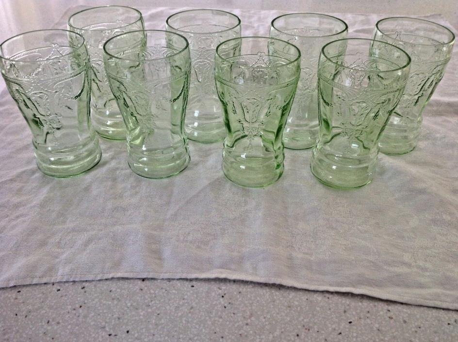 GREEN CAMEO PATTERN JUICE TUMBLERS HOCKING GLASS 1930-34 SET OF 8