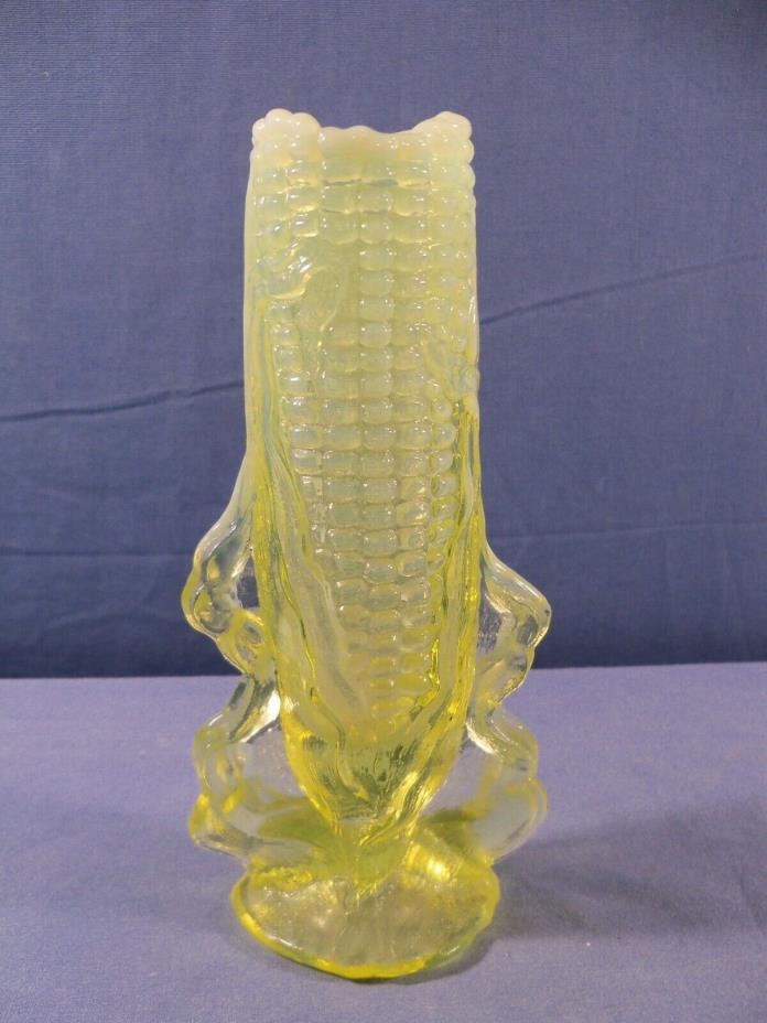 L.G.Wright Vaseline Opalescent Glass Corn Ear Vase 7 1/4