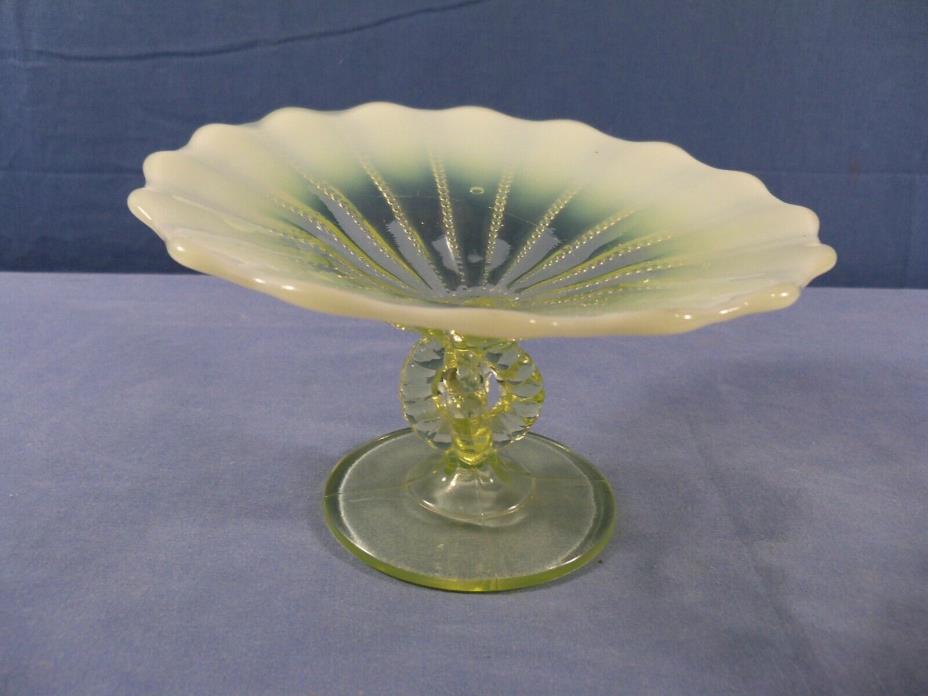 Vintage Dugan or Northwood Canary Vaseline Glass Beaded Panels Opal Open Compote