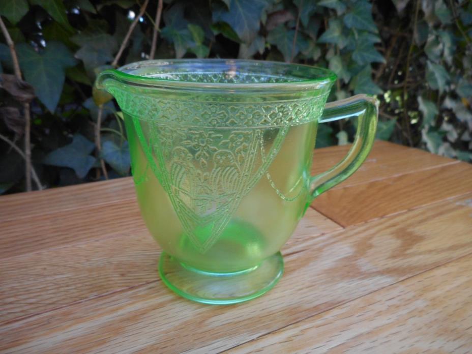 Vintage URANIUM VASELINE Green Glass Etched Birds Creamer Cup Mug