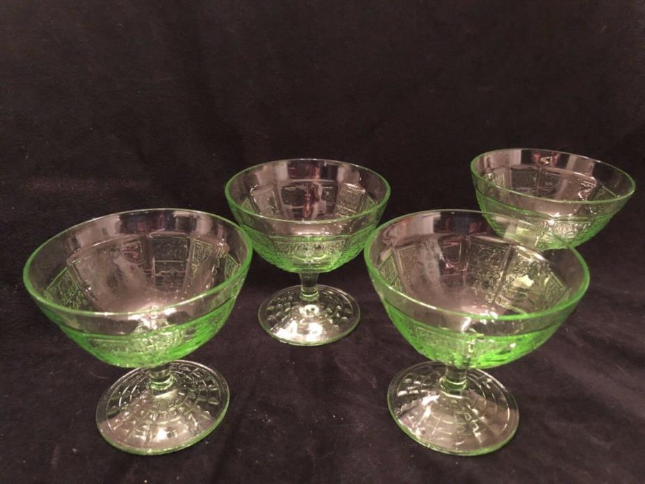 Vintage Vaseline Glass Desert Dishes Green Pressed Glass Depression Glass Set 4