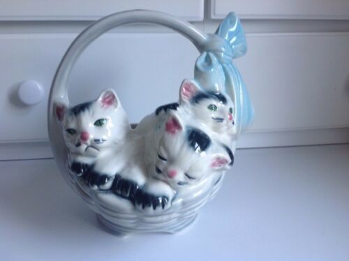 Vintage 50's Gray Basket of KITTENS CATS AMERICAN BISQUE Planter Blue Bow SUPER!