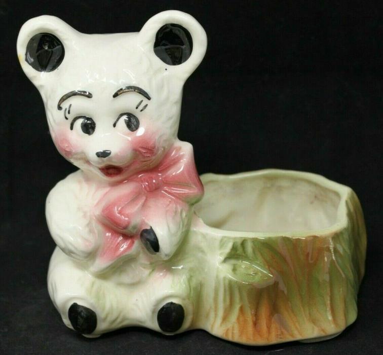 VINTAGE White Teddy Bear Pink Bow Ceramic Planter, American Bisque Co, 6