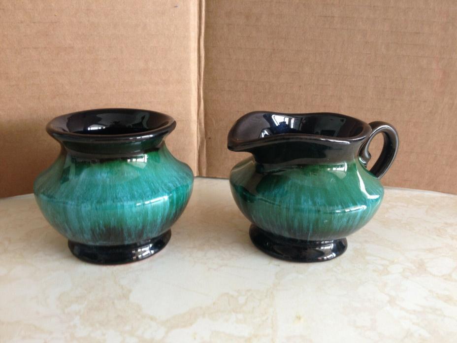 Blue Mountain Pottery BMP CREAMER & SUGAR SET Green Blue Brown made in Canada