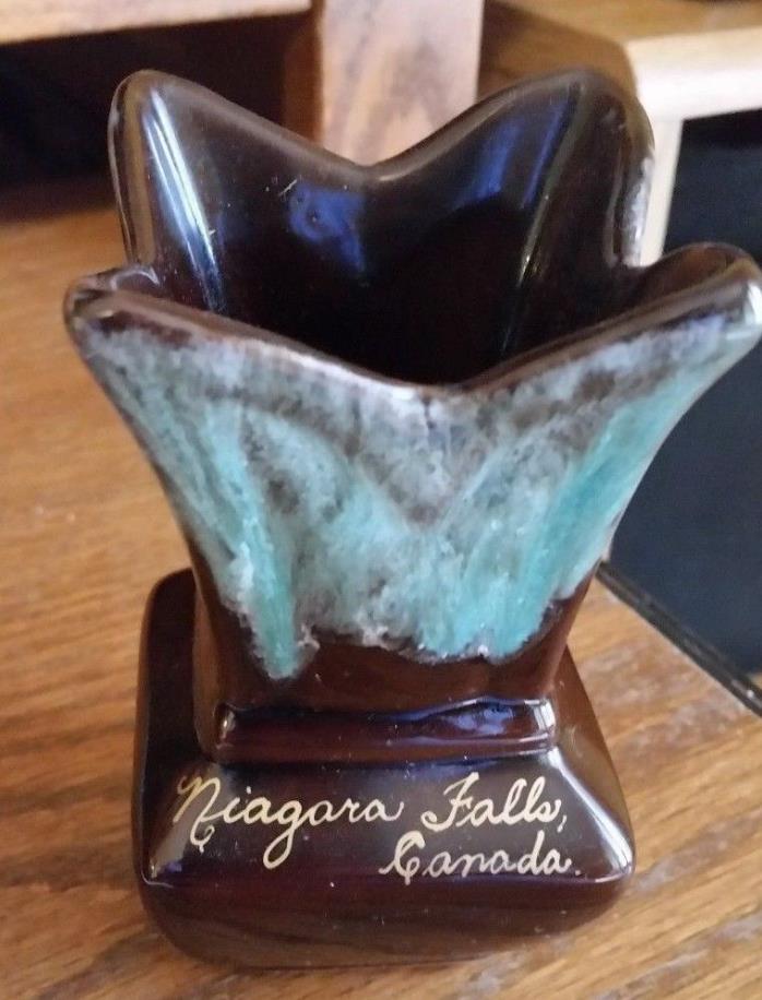 Vintage Niagara Falls Canada Small Vase -Brown w/Swirl Drip Glaze-Pottery