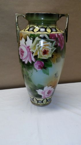 VTG  Nippon Double Handled Vase/ URN  W Gold Accents and Pink Roses Antique 16