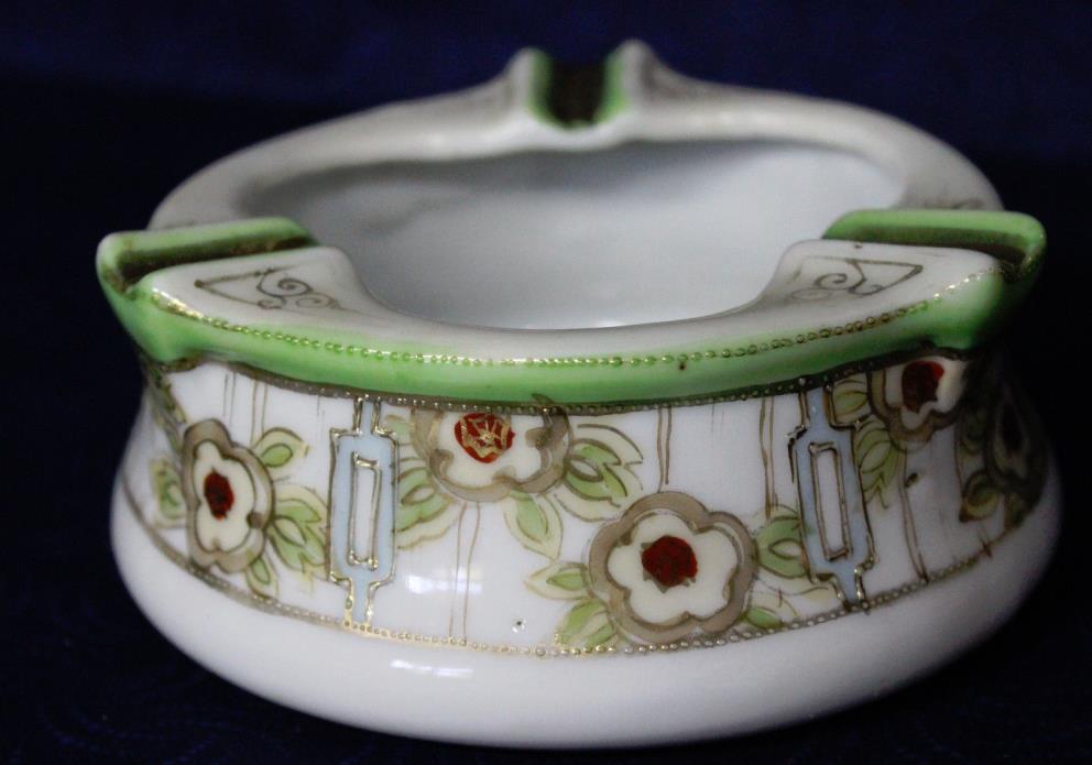 Fine Porcelain Imperial Nippon Ashtray Cigrette Holder, Green & Gold Trim  4.5