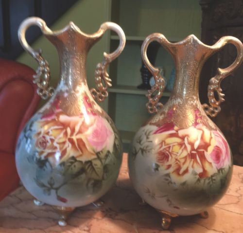 Pair Antique Nippon Hand Painted Rose Gold Vases 9