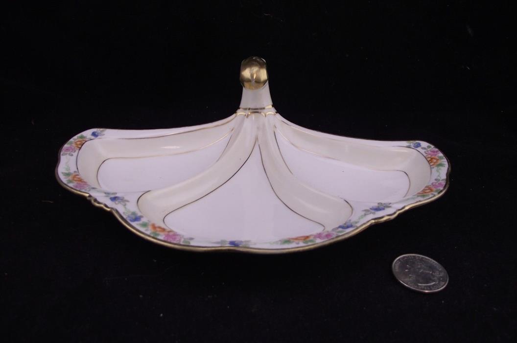 OLD HAND PAINTED NIPPON FAN SHAPED CANDY DISH WITH GOLD HANDLE !