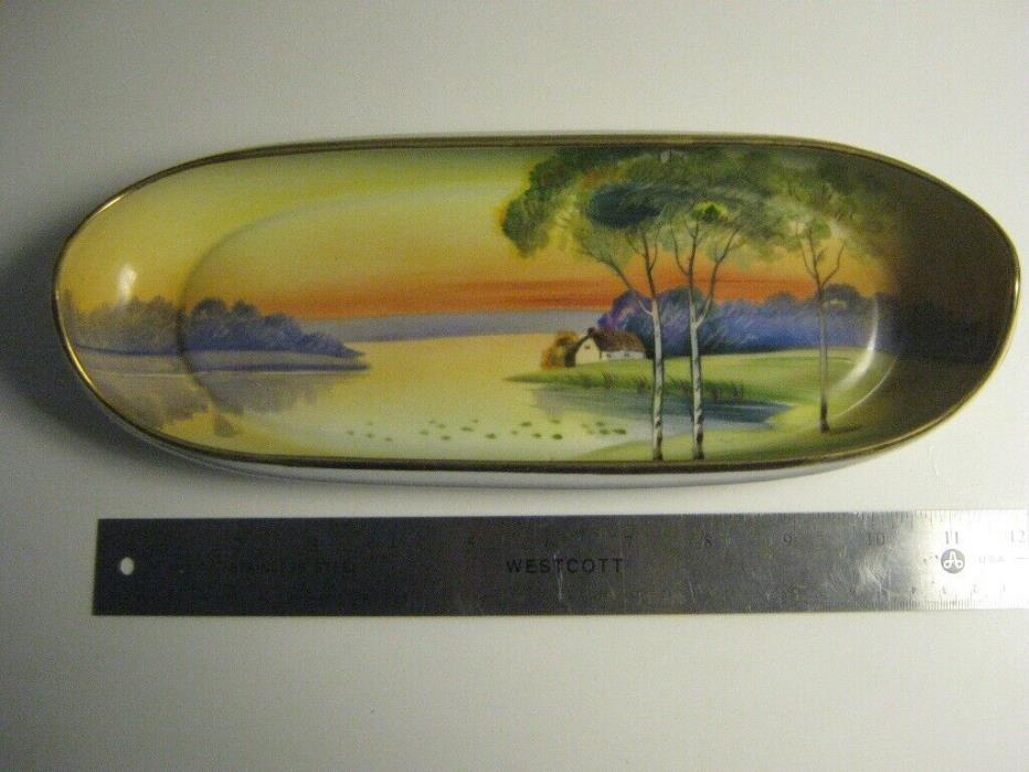 NIPPON HAND PAINTED Cottage scene. Green Wreath. Celery bowl, Canoe, Gold trim