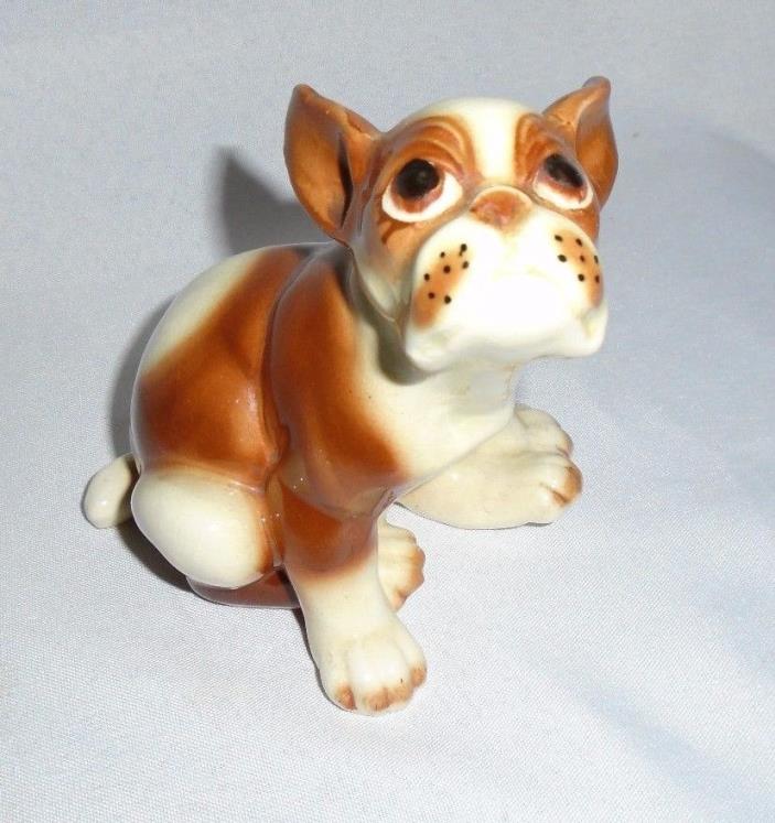 VTG BROWN & WHITE SAD FACE BULL DOG Figurine Japan Nippon BLACK STAMP CLOVER