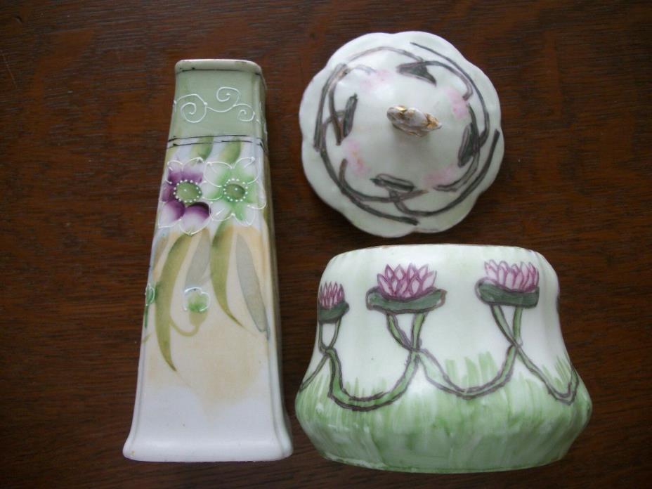 Vintage Nippon China Te-Oh Hat Pin Holder And Dresser/Ring Box Handpainted F.G.