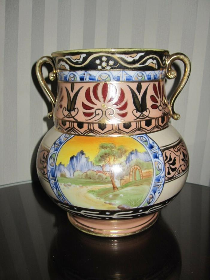 Hand Painted Nippon Vase With 2 Handles and Unusual Design- 6.25 Inches Tall