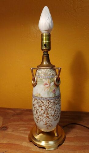 Antique hand painted floral  porcelain nippon style vase / table lamp