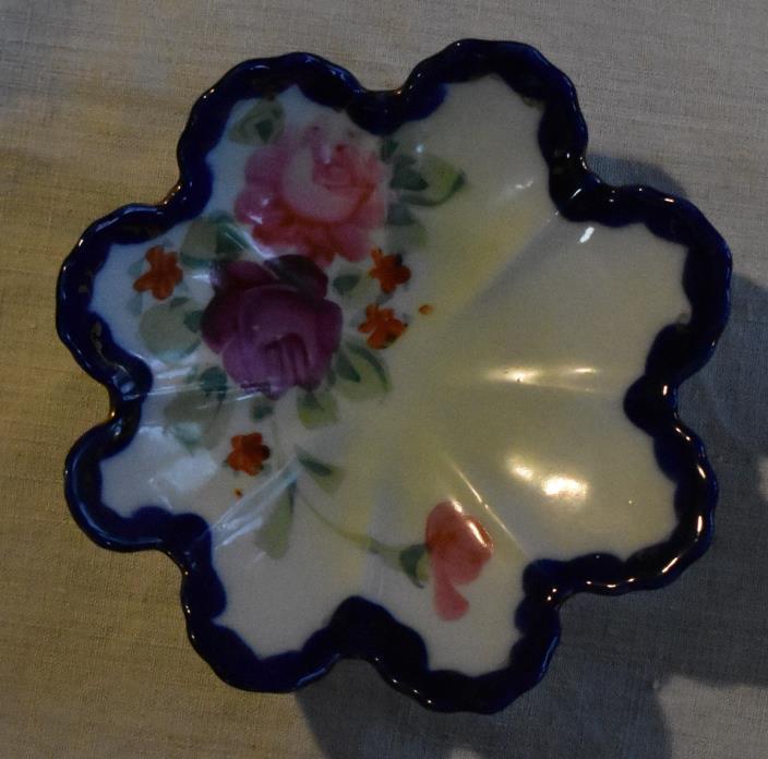 Vintage Nippon Candy Dish, pink roses, cobalt blue, gold, Hand painted, #5002