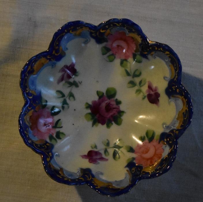 Vintage Nippon Candy Dish, pink roses, cobalt blue, gold, Hand painted, #5003