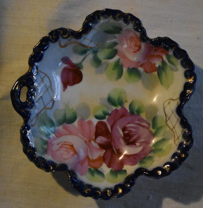 Vintage Nippon Candy Dish, pink roses, cobalt blue, gold, Hand painted, #5005