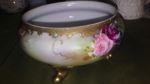 Antique Nippon JAPAN Hand Painted Gold Trimmed Footed Small Porcelain Bowl