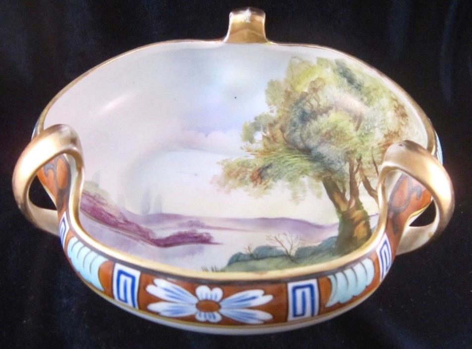 Nippon Morimura 3-Handled Bowl - Hand Painted Lakeside Scene - 6.5 in -Vtg Japan
