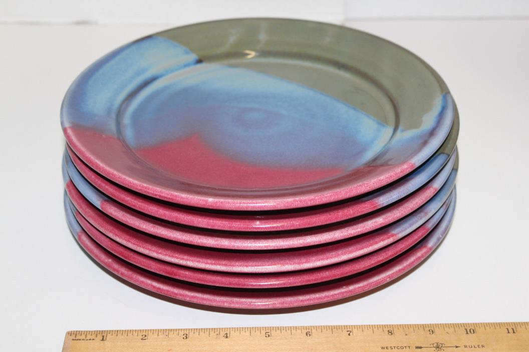 6 STUDIO POTTERY DINNER PLATES CADY CLAY WORKS NC HUNTER GLAZE MAROON BLUE GREEN