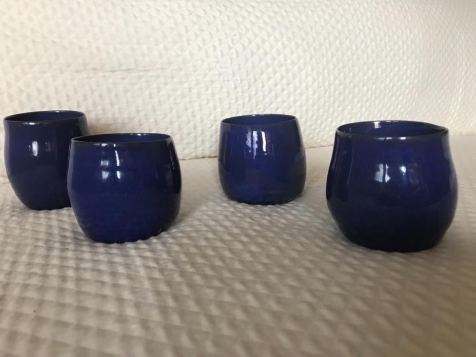 *Rare* signed / dated North Carolina JB Cole Pottery cobalt blue juice glasses