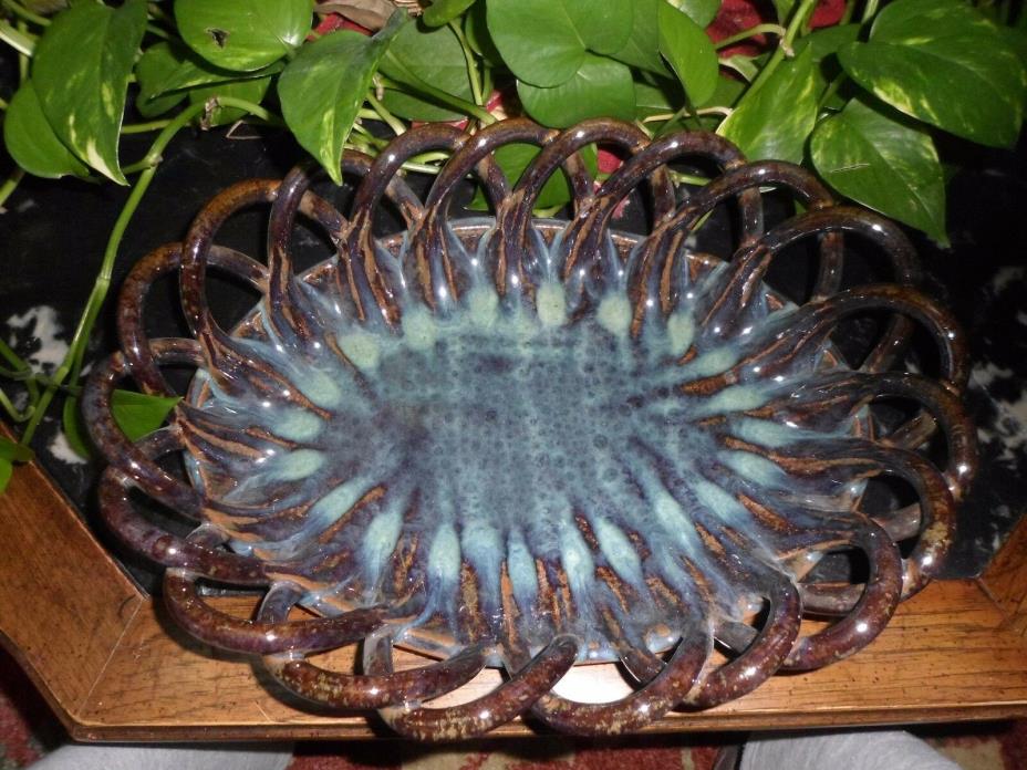 Seagrove NC pottery platter. Reticulated, large, blue, 10