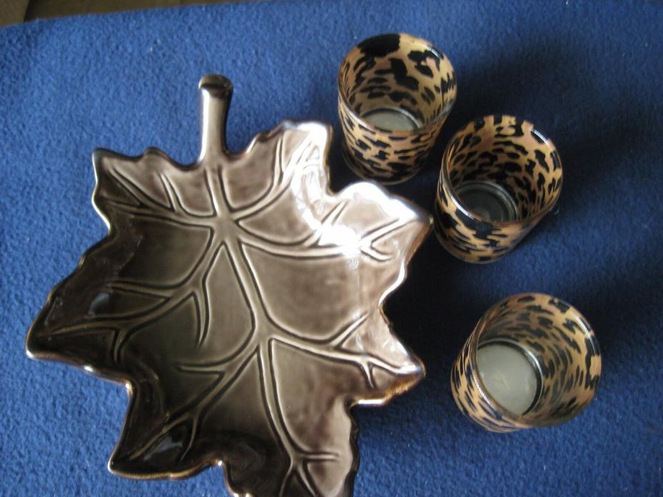 THREE Votive Candle Holders Gold with Black Spots and Plate Brown shape Leaf