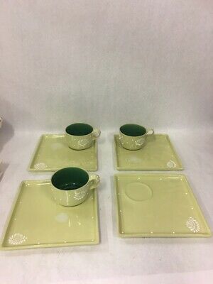 Vtg Pottery Snack Set Symphony Ware Aucello 1950s lot 7 pcs  green Plates Cups