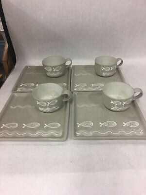 Vtg Pottery Snack Set Symphony Ware Aucello 1950s hand made Plates Cups set of 4