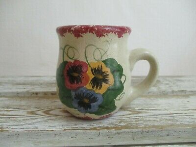 Vintage Sponge Wear Trim Flowers Pottery Mug Hand Painted Multi Color