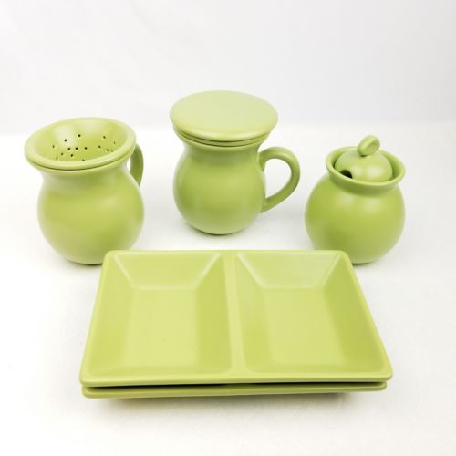 Chantal Matte Green Tea and Serving Set 2 Cups Infusers Relish Trays Sugar Dish