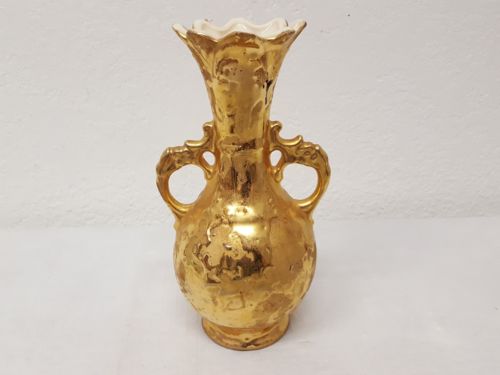Vintage Weeping 24K Gold Drip Vase Double Side Handles Scalloped Top Opening