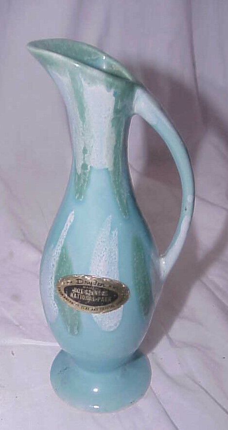 DRYDEN POTTERY BLUE GREEN DRIP VASE WITH HANDLE