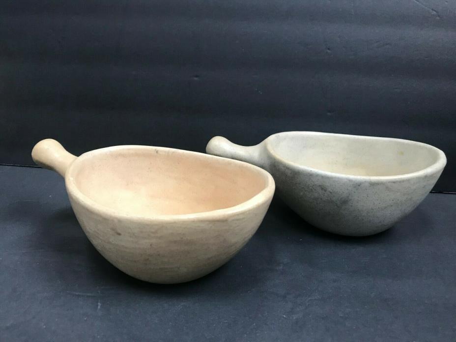 2 Vintage Pastel speckled matte pottery Handled Bowl handles amorphous shape old