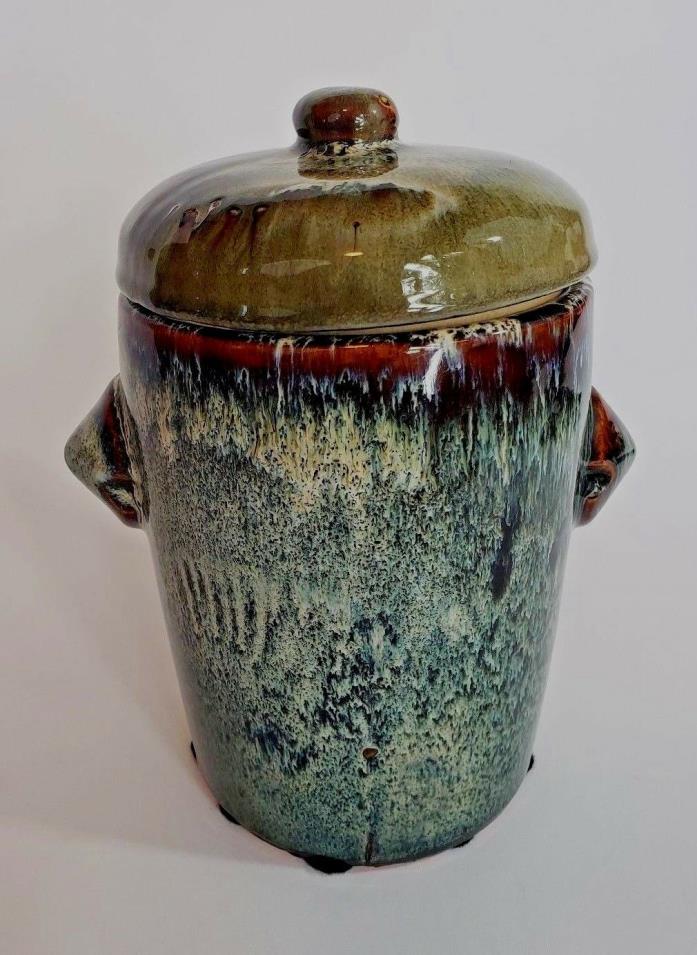 Mottled Pottery Glazed Multi-Colored Jar Container W/Lid 9