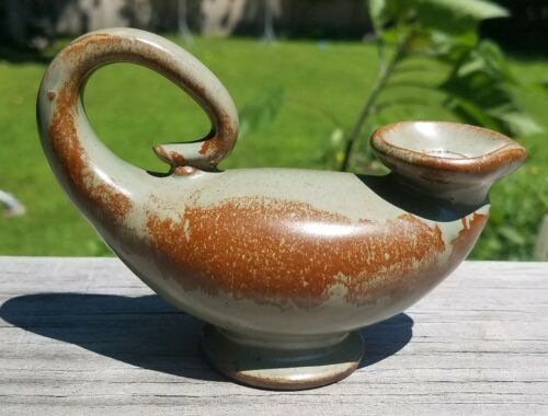 Vintage Art Pottery Genie Lamp Slim Taper Candle Holder Green and Brown Glaze