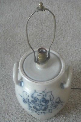 Vintage Rockdale Crock Lamp Union Stoneware Cambridge Salt Glass Blue Hearts