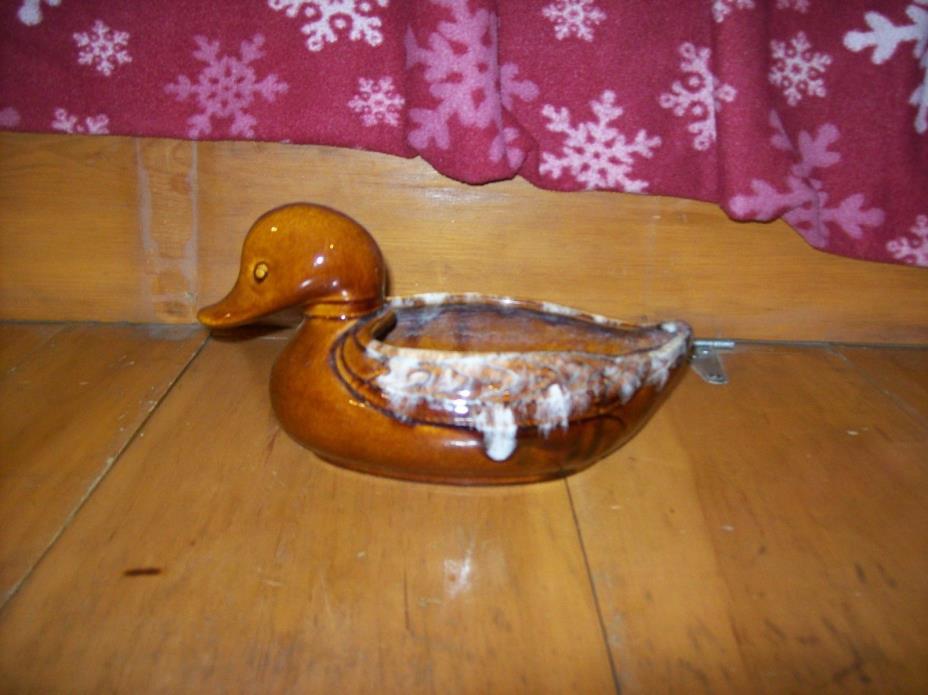 VINTAGE MADE IN USA ~DRIP GLAZE POTTERY DUCK PLANTER ~ BROWN/WHITE #830