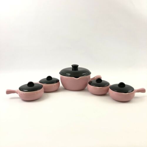 Mid Century Cronin Pottery ~ Bake Oven ~ Pink Soup Crocks Set with Black Lids