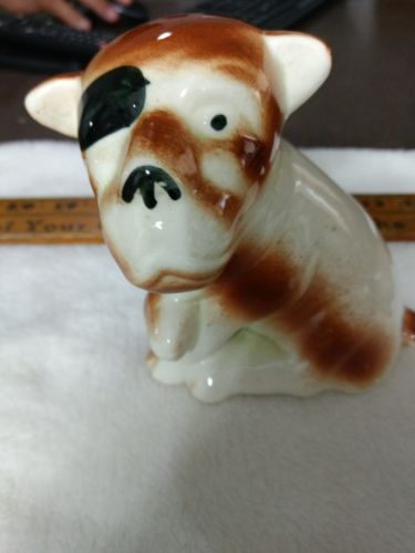 HTF Le Pere Pottery Bull dog w/ sling & eye patch  4.25” tall 3.75” wide PUPPY
