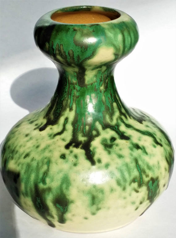 Green Drip Pottery Squat Vase, Vintage Ceramic Mottled Arts & Crafts Pot