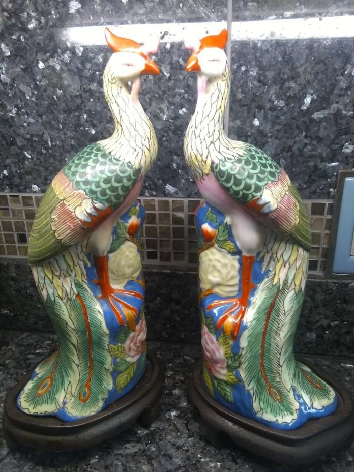LARGE Pair VINTAGE Chinese Export PEACOCK  FIGURINES W/STANDS- Made In Macau