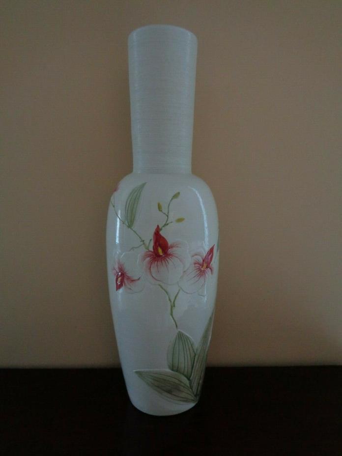 Very nice Tall Korean glazed white ceramic pottery w/floral design vases, signed