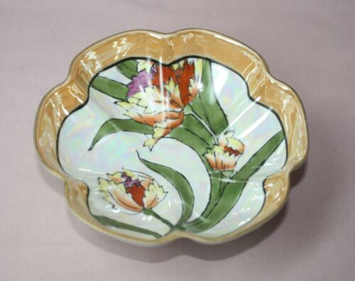 VINTAGE  ART DECO PEACH LUSTRE CANDY/DISH BOWL. 3-FOOTED-HAND PAINTED- JAPAN (M)