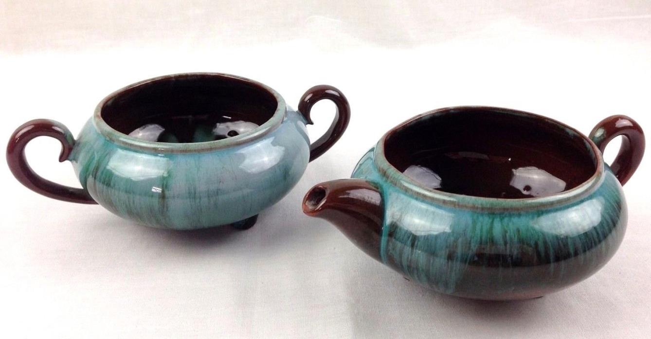 Canadian Ceramic Craft Rainbow Pottery Cream & Sugar Set Brown & Turquoise Glaze