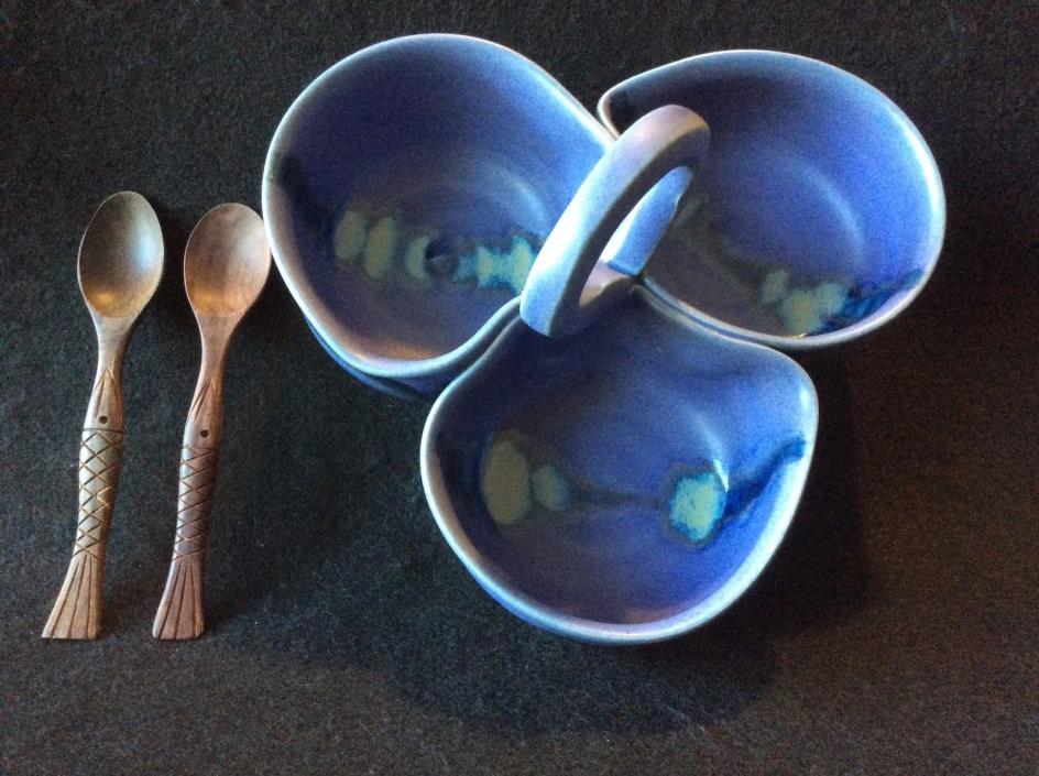 Hilborn Pottery Purple Dish for 3 Condiments with spoons (2)