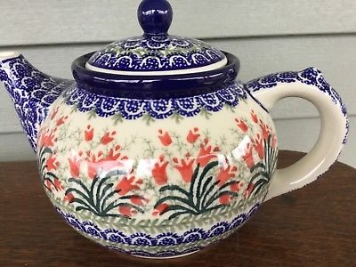 C.A. Polish Pottery Teapot-Holds 5 Cups-Crimson Bells- NEW