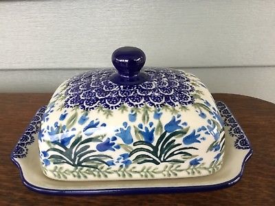 C.A. POLISH POTTERY Butter Dish-Blue Bells-NEW