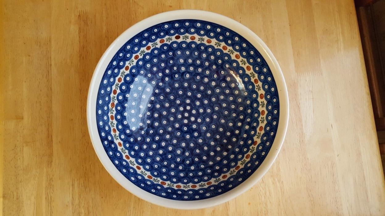 Large Vintage Polish Pottery Boleslawiec Blue Peacock Dots Mixing Bowl 12 3/4