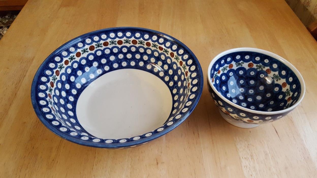 2 Vintage Polish Pottery Boleslawiec Blue Peacock Dots Mixing Bowls 10